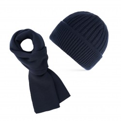 ZESTAW ZIMOWY MĘSKI GRANATOWY ZES-27-DB CZAPKA BEANIE BR-02-DB I CIEPŁY SZALIK BR-07-DB