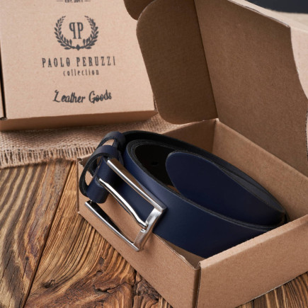 PASEK MĘSKI SKÓRZANY GRANATOWY 120 cm ZE SREBRNĄ KLAMRĄ PAOLO PERUZZI PG-03-DBS-120