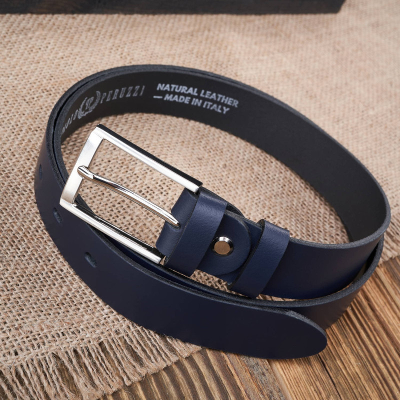 PASEK MĘSKI SKÓRZANY GRANATOWY 120 cm ZE SREBRNĄ KLAMRĄ PAOLO PERUZZI PG-03-DBS-120