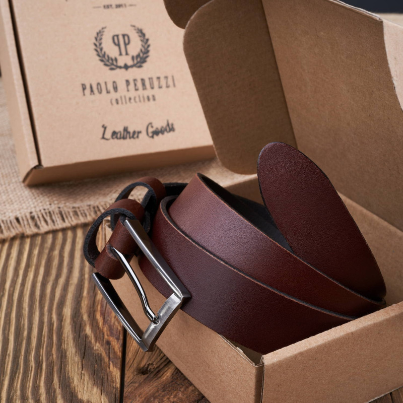 PASEK MĘSKI SKÓRZANY BRĄZOWY 110 cm ZE SREBRNĄ KLAMRĄ PAOLO PERUZZI PG-03-BRBL-110