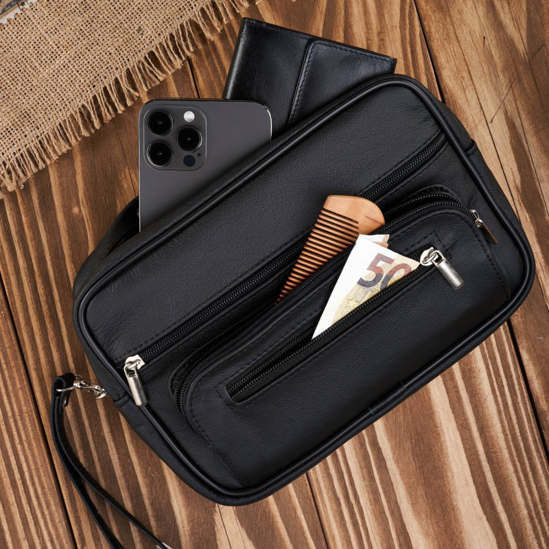 Saszetka męska skórzana do ręki praktyczna pakowna czarna Abruzzo ABR-10