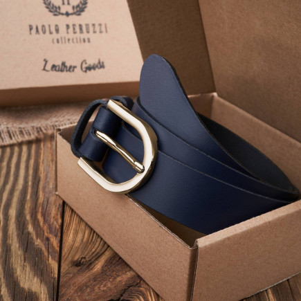 Pasek damski skórzany granatowy 110 cm ze złotą klamrą Paolo Peruzzi  PG-01-DBZ-110