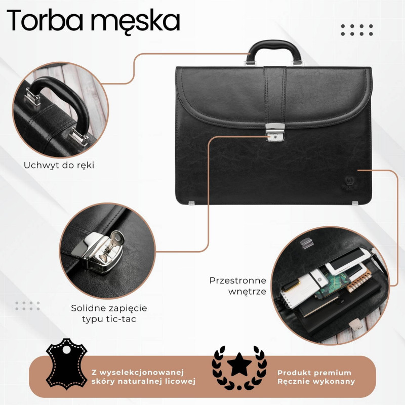 Aktówka męska skórzana do ręki i na ramię elegancka czarna Paolo Peruzzi S-42-BL