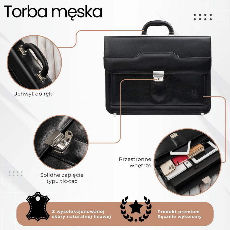 Aktówka męska skórzana do ręki i na ramię elegancka czarna Paolo Peruzzi S-45-BL