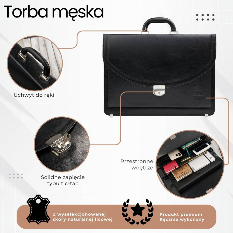 Aktówka męska skórzana do ręki i na ramię elegancka czarna Paolo Peruzzi S-46-BL
