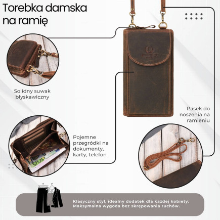 Skórzana torebka damska na ramię kopertówka portfel damski T-142-HBR