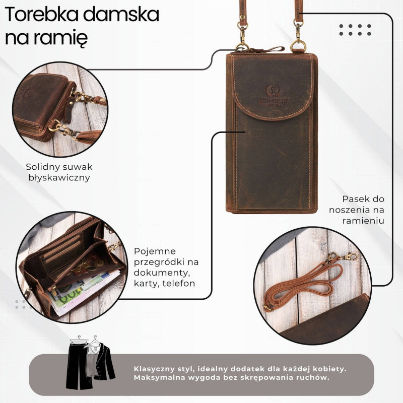 Skórzana torebka damska na ramię kopertówka portfel damski T-142-HBR