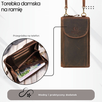 Skórzana torebka damska na ramię kopertówka portfel damski T-142-HBR