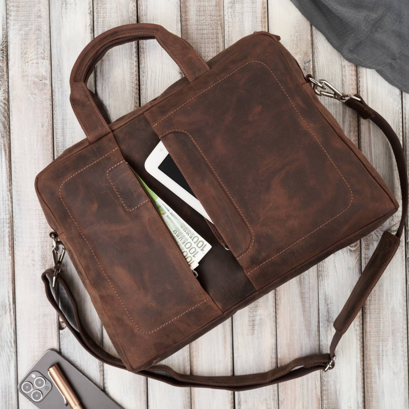 Skórzana torba męska na laptopa z uchwytem na walizkę brązowa vintage Paolo Peruzzi E-26-NBR