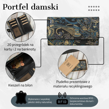 Portfel damski skórzany duży z orientalnym printem Paolo Peruzzi T-05-G