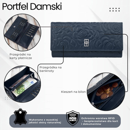 Duży portfel damski skórzany granatowy w kwiaty Paolo Peruzzi AL-12-NV