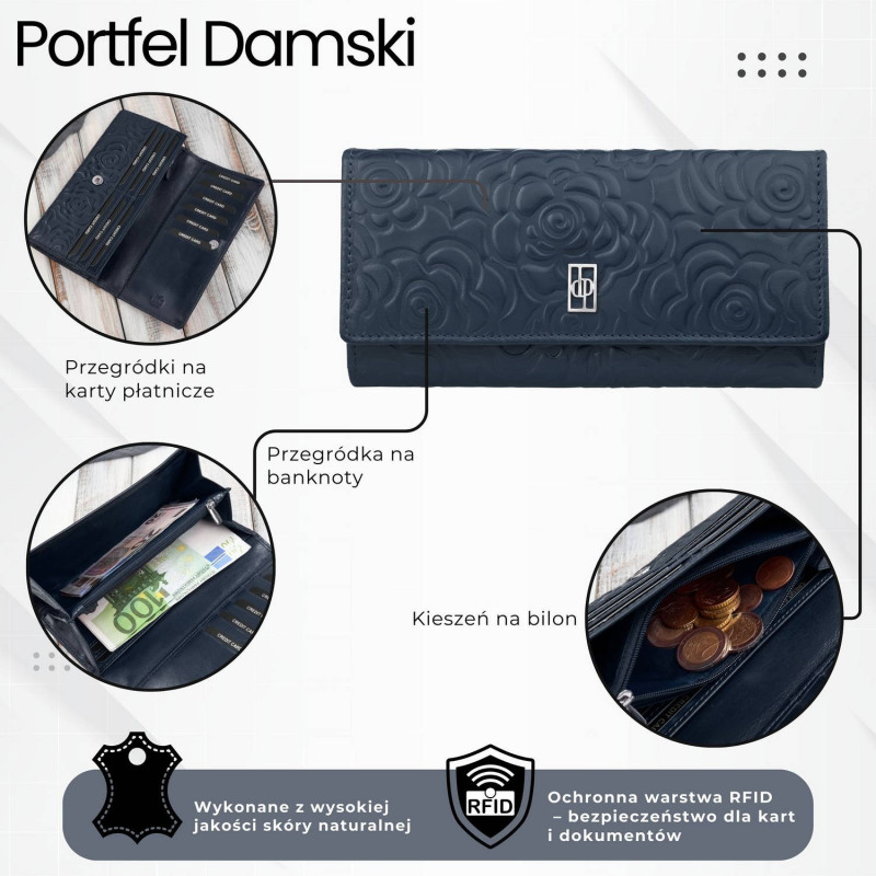 Duży portfel damski skórzany granatowy w kwiaty Paolo Peruzzi AL-12-NV