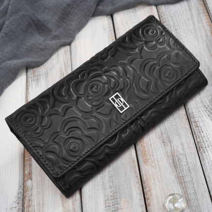 Portfel damski skórzany z tłoczeniem w kwiaty czarny z ochroną RFID Paolo Peruzzi AL-12-BL