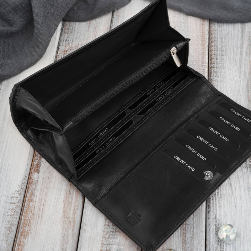 Portfel damski skórzany z tłoczeniem w kwiaty czarny z ochroną RFID Paolo Peruzzi AL-12-BL