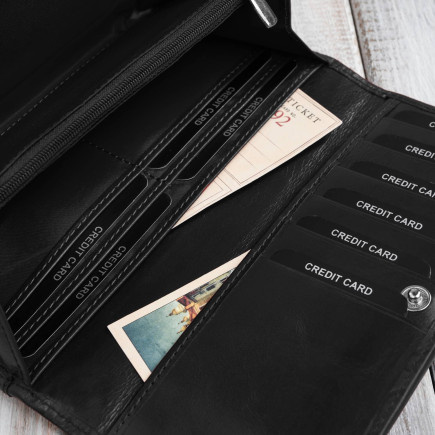 Portfel damski skórzany z tłoczeniem w kwiaty czarny z ochroną RFID Paolo Peruzzi AL-12-BL