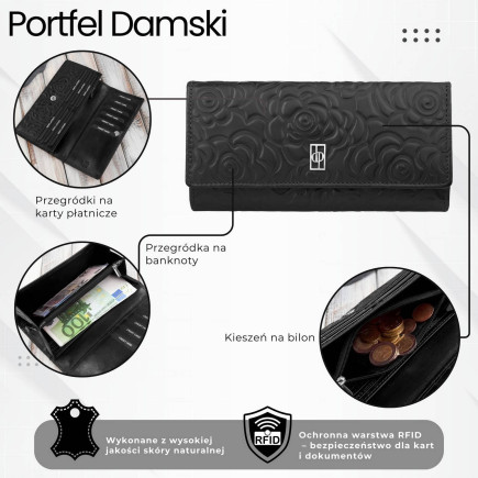 Portfel damski skórzany z tłoczeniem w kwiaty czarny z ochroną RFID Paolo Peruzzi AL-12-BL