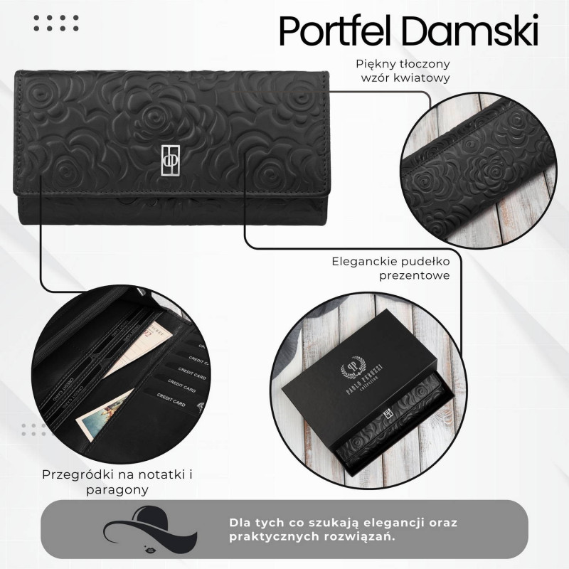 Portfel damski skórzany z tłoczeniem w kwiaty czarny z ochroną RFID Paolo Peruzzi AL-12-BL