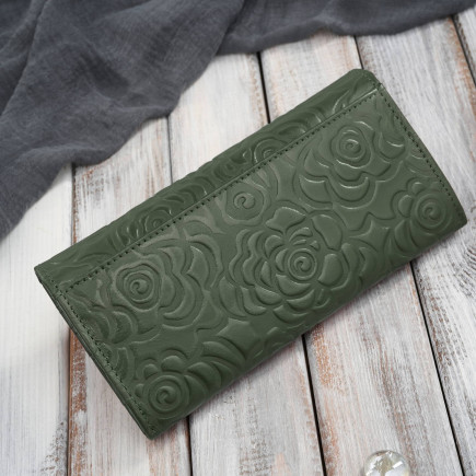 Portfel damski skórzany ciemnozielony w kwiatki duży Paolo Peruzzi AL-12-GB