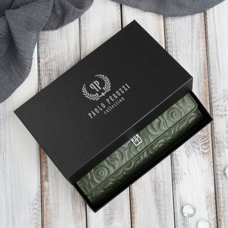 Portfel damski skórzany ciemnozielony w kwiatki duży Paolo Peruzzi AL-12-GB