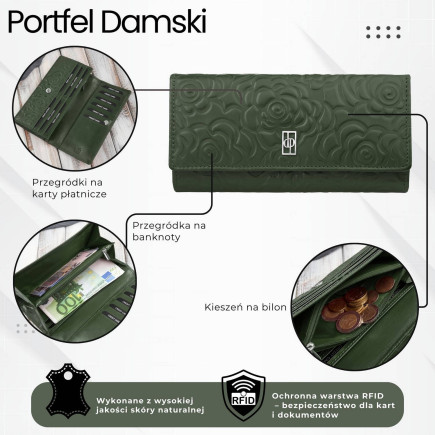 Portfel damski skórzany ciemnozielony w kwiatki duży Paolo Peruzzi AL-12-GB