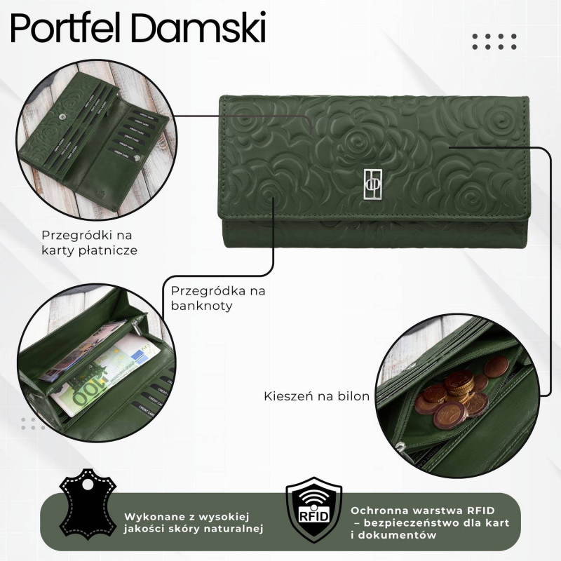 Portfel damski skórzany ciemnozielony w kwiatki duży Paolo Peruzzi AL-12-GB