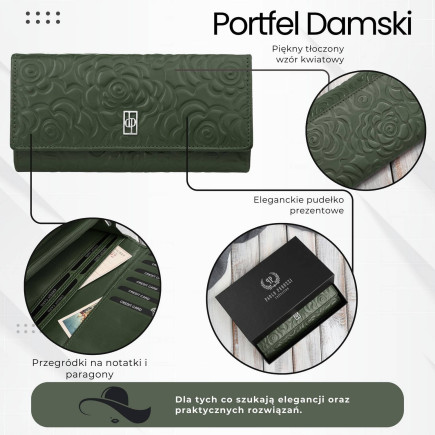 Portfel damski skórzany ciemnozielony w kwiatki duży Paolo Peruzzi AL-12-GB