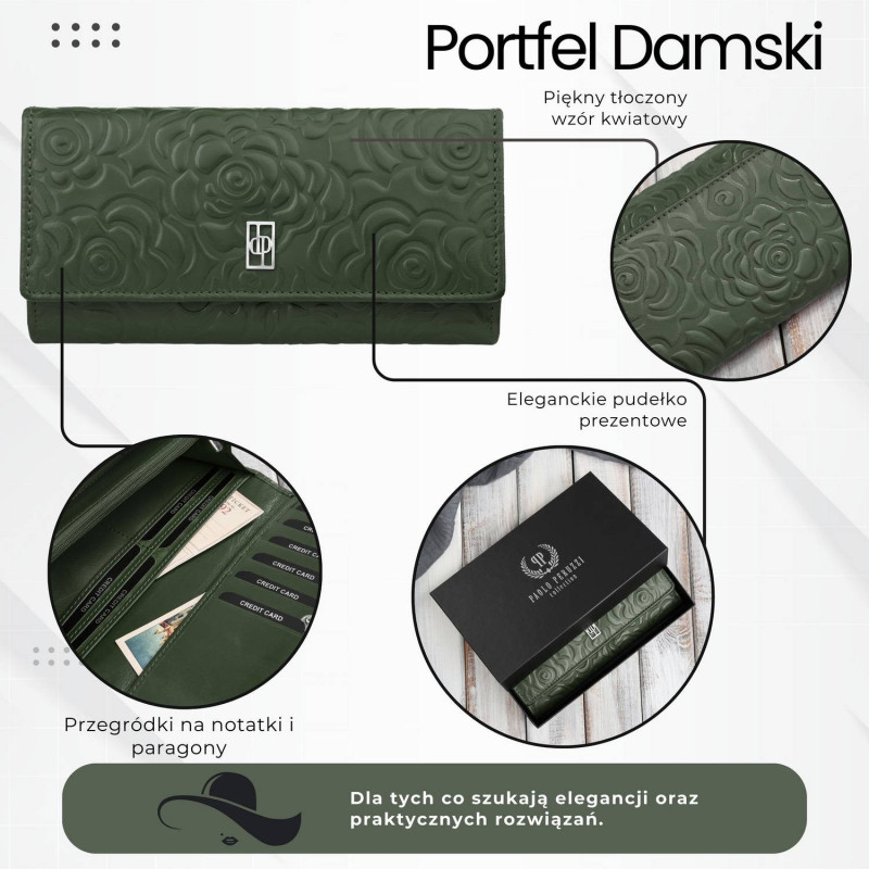 Portfel damski skórzany ciemnozielony w kwiatki duży Paolo Peruzzi AL-12-GB