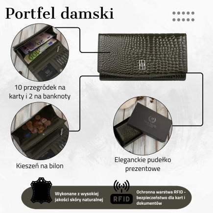 Portfel damski skórzany duży ciemnozielony croco z ochroną RFID Paolo Peruzzi AL-02-GB