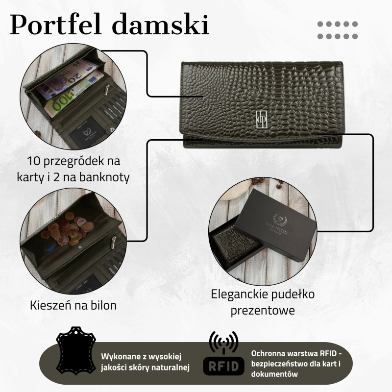 Portfel damski skórzany duży ciemnozielony croco z ochroną RFID Paolo Peruzzi AL-02-GB