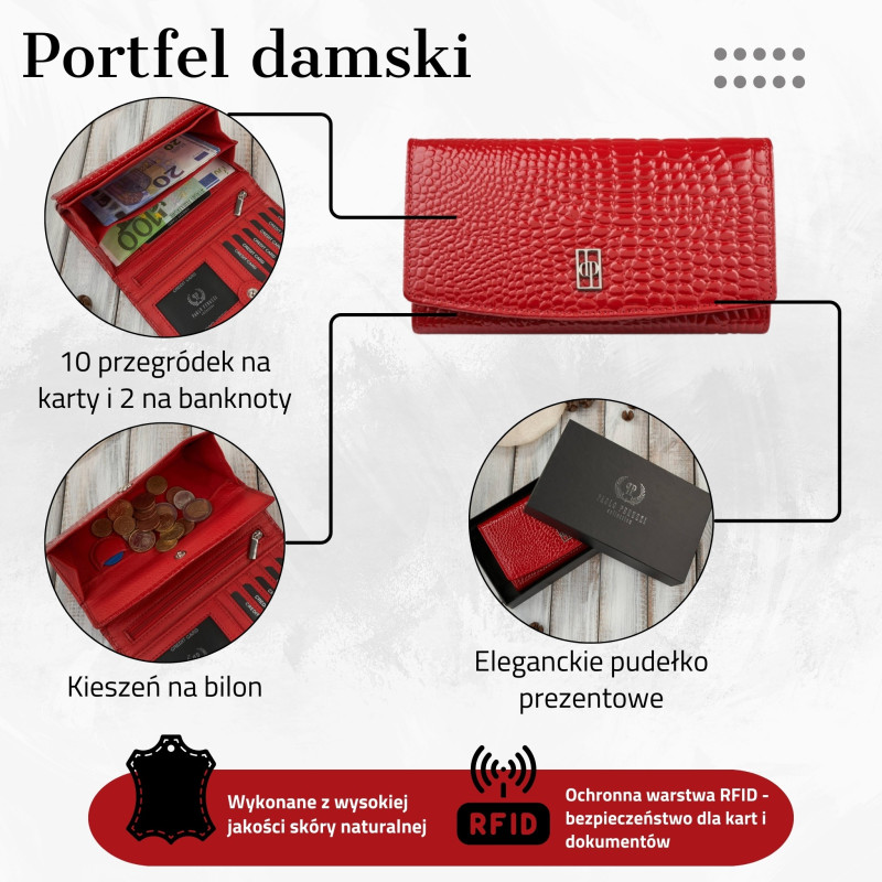 Portfel damski skórzany duży czerwony croco z ochroną RFID Paolo Peruzzi AL-02-RD