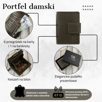 Portfel damski skórzany średni ciemnozielony z zabezpieczeniem RFID Paolo Peruzzi AL-04-GB