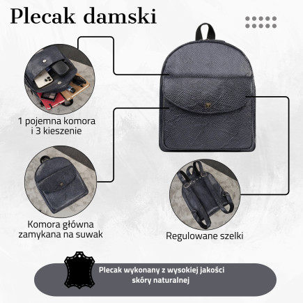 Plecaczek damski skórzany czarny wężowy wzór mały miejski plecak Paolo Peruzzi T-18-PBL