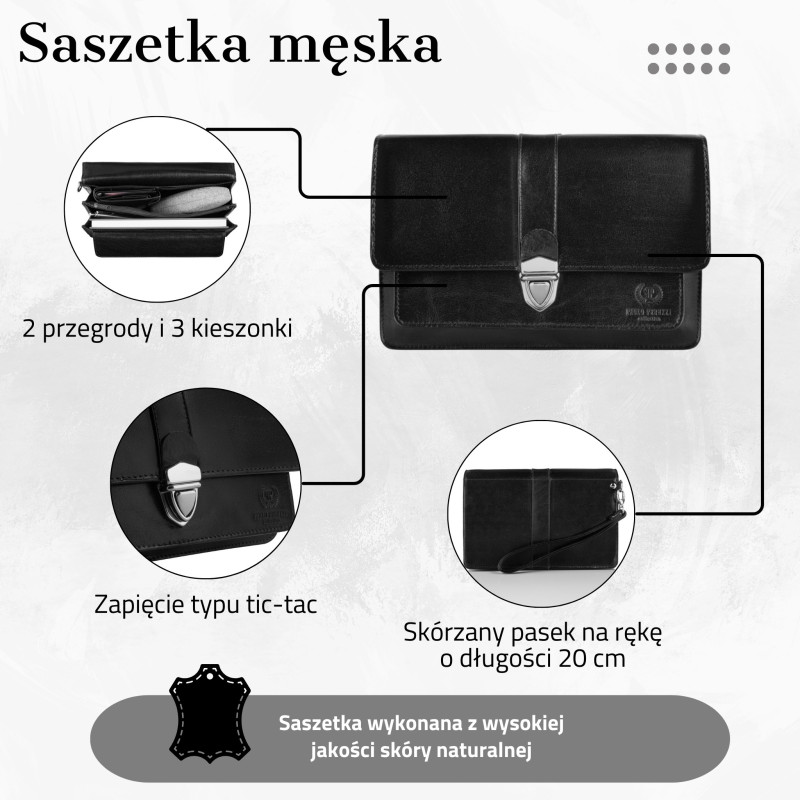 ELEGANCKA SASZETKA MĘSKA DO RĘKI ZE SKÓRY CZARNA PAOLO PERUZZI T-21-BL