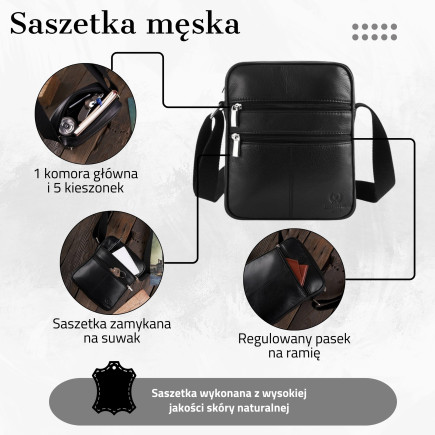 SKÓRZANA TORBA SASZETKA MĘSKA NA RAMIĘ PAOLO PERUZZI  T-74-BL