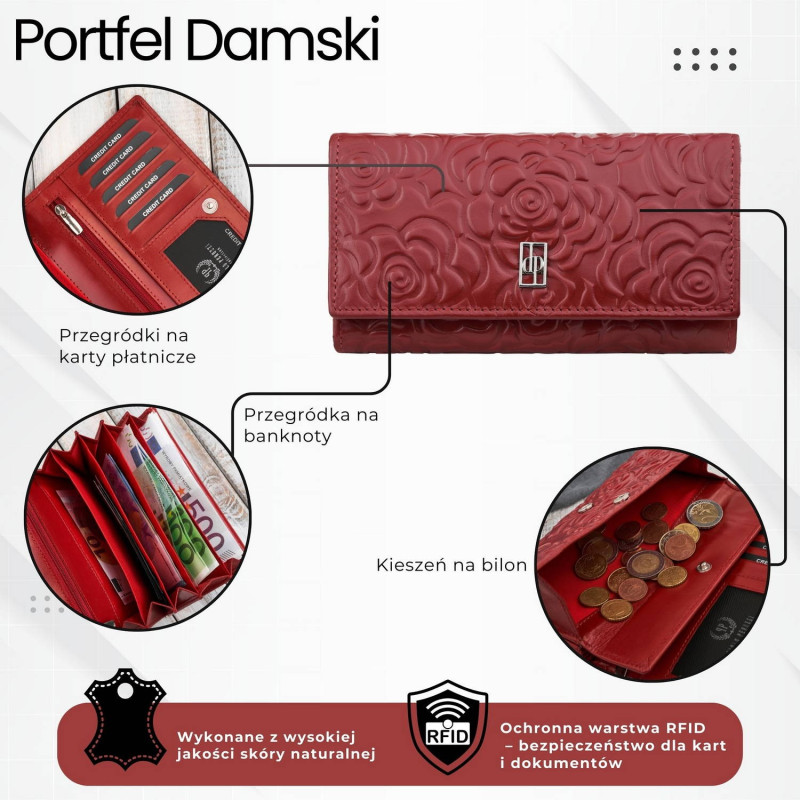 Portfel damski skórzany duży czerwony w kwiaty z ochroną RFID Paolo Peruzzi AL-14-RD