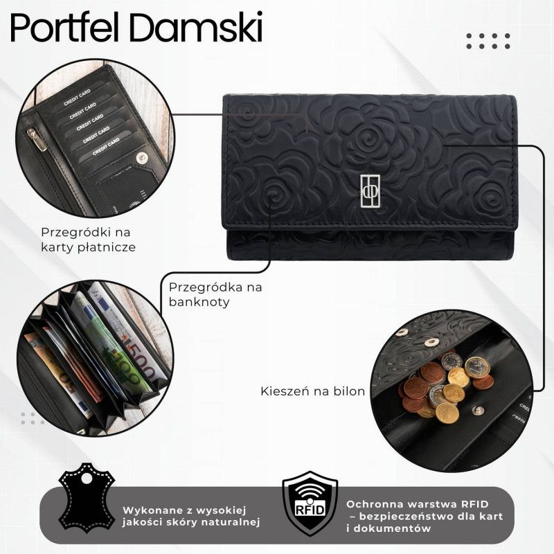 Czarny portfel damski skórzany w kwiaty z metalowym logo duży Paolo Peruzzi AL-14-BL
