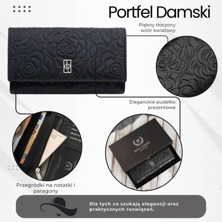Czarny portfel damski skórzany w kwiaty z metalowym logo duży Paolo Peruzzi AL-14-BL