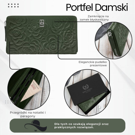 Ciemnozielony portfel damski skórzany z tłoczeniem kwiatowym RFID Paolo Peruzzi  AL-13-GB