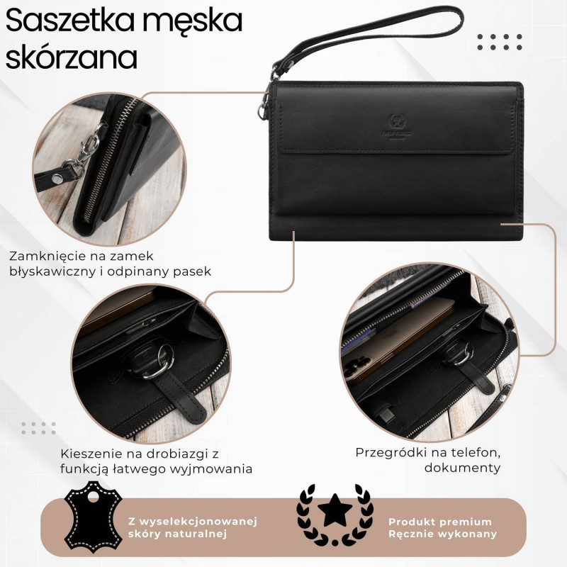 Saszetka męska skórzana do ręki elegancka czarna Paolo Peruzzi AL-26-BL