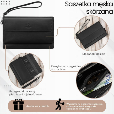 Saszetka męska skórzana do ręki elegancka czarna Paolo Peruzzi AL-26-BL