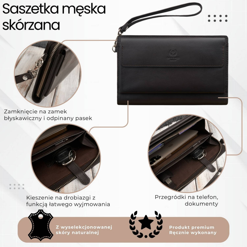 Saszetka męska skórzana do ręki elegancka brązowa Paolo Peruzzi AL-26-BR