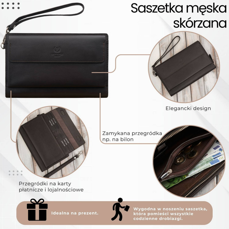 Saszetka męska skórzana do ręki elegancka brązowa Paolo Peruzzi AL-26-BR