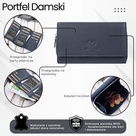 Portfel damski duży granatowy ze skóry naturalnej pojemny Paolo Peruzzi T-138-NV