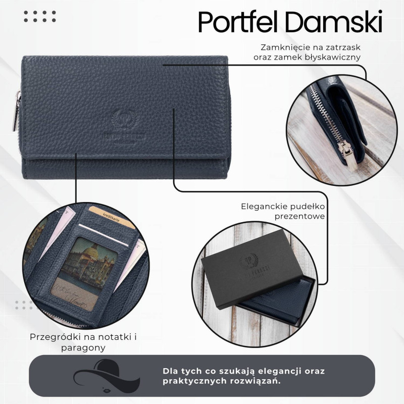Portfel damski duży granatowy ze skóry naturalnej pojemny Paolo Peruzzi T-138-NV