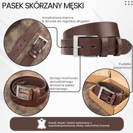Pasek męski skórzany premium z klasyczną klamrą elegancki brązowy 110 cm Paolo Peruzzi PG-08-BR-110