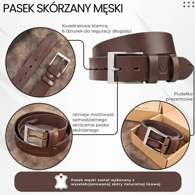 Pasek męski skórzany premium z klasyczną klamrą elegancki brązowy 110 cm Paolo Peruzzi PG-08-BR-110