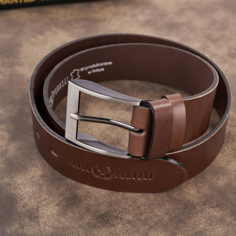 Pasek męski skórzany premium z klasyczną klamrą elegancki brązowy 130 cm Paolo Peruzzi PG-08-BR-130