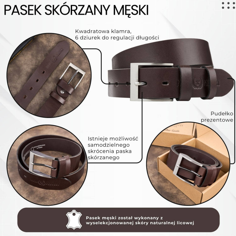 Pasek męski skórzany premium z klasyczną klamrą elegancki ciemnobrązowy 100 cm Paolo Peruzzi PG-08-DBR-100