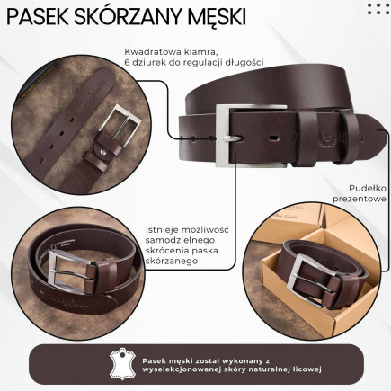 Pasek męski skórzany premium z klasyczną klamrą elegancki ciemnobrązowy 110 cm Paolo Peruzzi PG-08-DBR-110