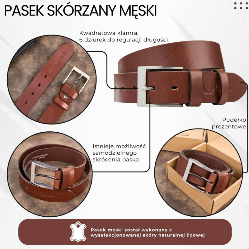 Pasek męski skórzany premium z klasyczną klamrą elegancki koniakowy 100 cm Paolo Peruzzi PG-08-CG-100